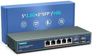 7 Port 2.5G Unmanaged Ethernet Switch, 5 x 2.5G Base-T Ports, 2 x 10G SFP, Compatible with 100/1000/2500Mbps, VLAN, Fanless, Desktop/Wall Mount YuanLey 2.5Gbe Network Switch for Wireless AP, NAS, PC 7 Port 2.5G Unmanaged Ethernet Switch, 5 x 2.5G Base-T Ports, 2 x 10G SFP, Compatible with 100/1000/2500Mbps, VLAN, Fanless, Desktop/Wall Mount YuanLey 2.5Gbe Network Switch for Wireless AP, NAS, PC