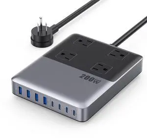 12-in-1 Charging Station USB C Power Strip with 5ft Cord and Plug,200W GaN IV USB C Charger Block,4 AC Outlets,4 USB-A,4 USB-C for MacBook,iPhone 17/16/15,Fast Charging Desktop Charger for Office,Home