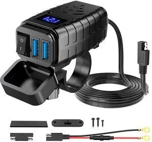 Motorcycle Phone Charger,Quick Charge 3.0 Dual USB Motorcycle Phone Charger with Voltmeter & ON/Off Switch,Waterproof Motorcycle Accessories for Phone, Tablet, GPS, etc