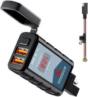 Motorcycle Phone Charger, 6.8A Dual USB QC 3.0 Motorcycle USB Charger with ON/Off Switch, Waterproof SAE to USB Adapter for Phone, GPS - Red Voltmeter