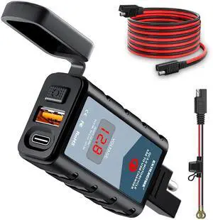 6.4A Motorcycle USB Charger, Total 44W Dual USB Type C PD & Quick Charge 3.0 Motorcycle Phone Charger with Voltmeter & ON/Off Switch, Waterproof Motorcycle Accessories SAE to USB Adapter