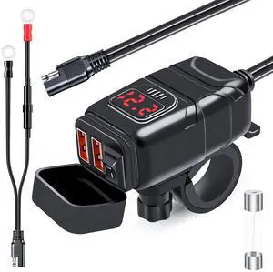 Motorcycle Phone Charger,Dual USB 6.8A Quick Charge 3.0 Motorcycle Handlebar Charger with Voltmeter & ON/Off Switch, Waterproof SAE to USB Adapter for Phone, Tablet, GPS (Red)