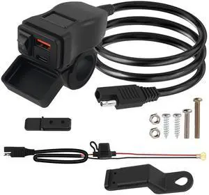 Motorcycle Phone Charger,Dual USB QC + 30W PD Quick Motorcycle USB Charger with Red Voltmeter and ON/Off Switch,SAE to USBs & Type C Motorcycles USBs Port for Tablet,Phone,GPS