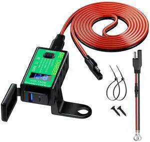 Motorcycle Phone Charger, Total 60W 6.8A Dual USB Type C PD & QC 3.0 Motorcycle USB Charger, SAE to USB Adapter with Voltmeter & ON/Off Switch, Waterproof Motorcycle Accessories for Phone