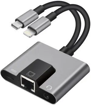 2 in 1 Lightning and Type C to RJ45 Ethernet Adapter Network Adapter,with Charge Port and 3.5mm Audio Jack Support, Plug and Play, Supports 100Mbps Ethernet Network, Compatible with iPhone 15
