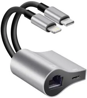 2 in 1 Lightning and Type C to RJ45 Ethernet Adapter Network Adapter,with Charge Port, Plug and Play,Supports 100Mbps Ethernet Network, Compatible with iPhone 14 13 12 11/iPad 2 in 1 Lightning and Type C to RJ45 Ethernet Adapter Network Adapter,with Charge Port, Plug and Play,Supports 100Mbps Ethernet Network, Compatible with iPhone 14 13 12 11/iPad