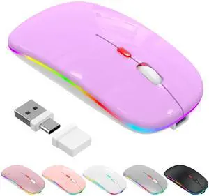 Bluetooth Wireless Mouse, Slim LED Rechargeable Silent Mouse with 2.4GHz USB-A/USB-C Receiver & Type-C Adapter, Compatible with Laptop, MacBook, iPad, iPad Pro,Mac,Tablet - Purple