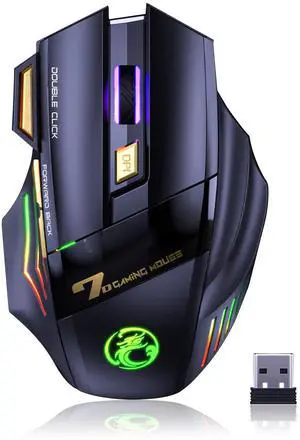 Wireless Gaming Mouse, Rechargeable Silent Wireless Mouse with 4800 DPI Adjustable,Double Click Key, Colorful RGB Lights, Computer Mice with Thumb Rest for PC/Mac Gamer (C26 Black)