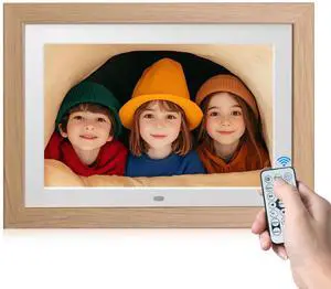 10.1" Digital Picture Frame with Remote Control, 1280 * 800 IPS Full View Ultra Clear Screen, Removable Wooden Frame, Share Videos Photos Send Wishes Auto-Rotate Slideshow Non-WiFi