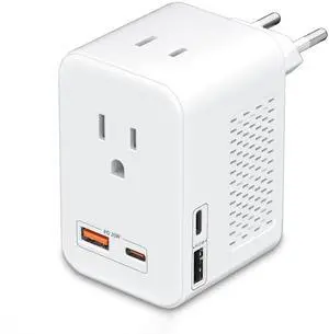 220V to 110V Voltage Conversion Plug Adapter for Traveling from USA to Europe with 2 USB and 2 USBC Ports PD 20 W, 2 AC Outlets International Power Adapter