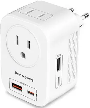 Voltage Converter US to Europe, 220V to 110V Converter for European Travel, Universal Travel Adapter with 20W PD, 2 Type-C Port 2 USB-A, Power Plug Combo for Germany France Italy - White