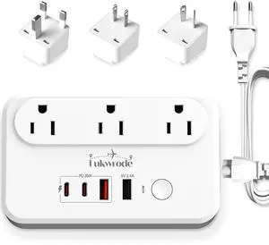 220V to 110V Voltage Converter Universal Travel Adapter with 35W PD 2 Type C Port 2 USB A Port,US to Europe International Power Converter Combo Plug for Worldwide European US EU AU UK White-W