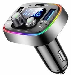 USB C Bluetooth 5.4 Car Adapter, Wireless FM Radio Transmitter, Hands-Free Calling & Audio Receiver, MP3 Music Player, QC3.0 & Type-C PD Fast Charging,7 Colors LED Backlit, Support USB/TF Drive
