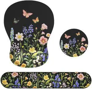 Keyboard Wrist Rest Set with Ergonomic Mouse Pad - 3-in-1 Memory Foam Support for Pain Relief, Office & Gaming with Coaster Black Garden