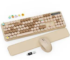 Wireless Keyboard and Mouse Combo - Cute Typewriter Keyboard with Detachable Wrist Rest, Retro Round Keycaps, Foldable Legs, 2.4GHz Full-Size Keyboard for PC, Laptop, Mac, Windows - Trueque (Latte)
