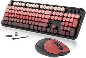Wireless Keyboard and Mouse, 104 Round Keycaps Retro Typewriter with OTG & Brush, Full-Size Ergonomic, Ideal for Windows PC, Home, Office and College Black Pink