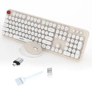 Wireless Keyboard and Mouse Combo, MOFII 104 Keys Full-Size Retro Round Keys Typewriter Keyboards Ergonomic Keyboards and Mouse Wireless for Windows, PC, Laptop, Desktop White