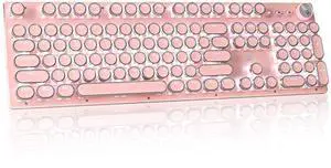 Retro Steampunk Typewriter-Style Gaming Keyboard, Blue Switches,Pure White Backlight, USB Wired, for PC Laptop Desktop, Stylish Pink Mechanical Keyboard Round Keycaps