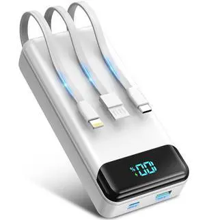 Portable Charger 40000mAh Power Bank Built-in Cable Battery Pack, PD 22.5W Fast Charging Portable Phone Charger 4 Output 3 Input, Compatible with iPhone 16 15 14 13 Samsung Google iPad (White)