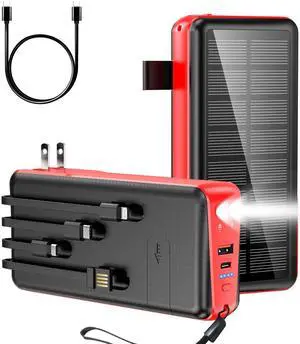 Portable Charger with Built in Cable and Wall Plug 50000mAh 22.5W Fast Charging Solar Power Bank with 5 Output & 2 Input Dual LED Flashlights Phone Holder External Battery Pack (Red)