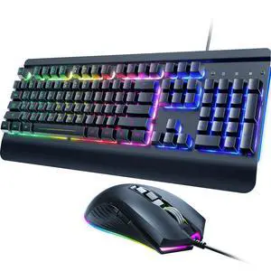 Wired Gaming Keyboard and Mouse Combo, 104 Keys All-Metal Panel Rainbow Computer Keyboard with Multimedia Keys Wrist Rest and LED Backlit Gaming Mouse 4200 DPI for Windows PC Gamers (Black) Wired Gaming Keyboard and Mouse Combo, 104 Keys All-Metal Panel Rainbow Computer Keyboard with Multimedia Keys Wrist Rest and LED Backlit Gaming Mouse 4200 DPI for Windows PC Gamers (Black)