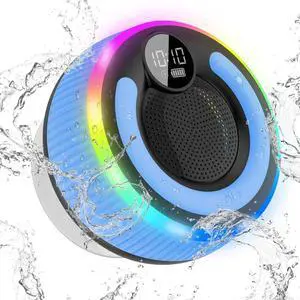 Bluetooth Speaker, HD Stereo Sound Shower Speaker, IPX7 Waterproof, Digital Display Portable Speaker with Suction Cup, LED Light, Small Wireless Speakers for Outdoor Party Beach Bathroom, Blue