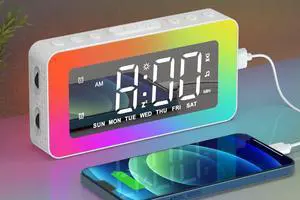 Alarm Clocks for Bedrooms, Mirror Clock with 8 RGB Atmosphere Light, Dual Alarms, 3 Alarm Modes, Snooze, Sleep Aid, Timer, USB Charger, Bedside Digital Alarm Clock for Kids, Adults, Heavy Sleepers Alarm Clocks for Bedrooms, Mirror Clock with 8 RGB Atmosphere Light, Dual Alarms, 3 Alarm Modes, Snooze, Sleep Aid, Timer, USB Charger, Bedside Digital Alarm Clock for Kids, Adults, Heavy Sleepers