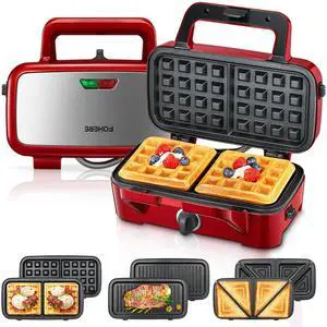 Waffle Maker 3 in 1 Sandwich Maker 1200W Panini Press With Removable Plates and 5-gear Temperature Control, Non-stick Coating Easy to Clean,Indicator Lights, Red Waffle Maker 3 in 1 Sandwich Maker 1200W Panini Press With Removable Plates and 5-gear Temperature Control, Non-stick Coating Easy to Clean,Indicator Lights, Red