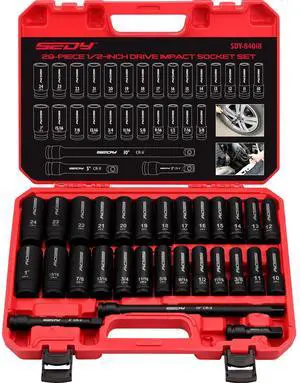 29-Piece 1/2" Drive Impact Socket Set, SAE (3/8 to 1 inch) and Metric (10-24mm) Sizes with Extension Bars Standard Deep Socket Set CR-V Material High Durability Impact Wrench 29-Piece 1/2" Drive Impact Socket Set, SAE (3/8 to 1 inch) and Metric (10-24mm) Sizes with Extension Bars Standard Deep Socket Set CR-V Material High Durability Impact Wrench