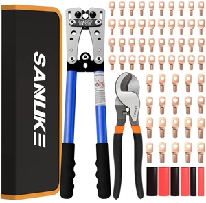 Battery Cable Crimper Tool AWG10-1/0, Wire Cutter, 60pcs Copper Lugs Electrical Battery Lug Crimping Tool for 10 8 6 4 2 1/0 AWG Wires, 60pcs Terminal Connectors & Heat Shrink Tubes, Black Bag Battery Cable Crimper Tool AWG10-1/0, Wire Cutter, 60pcs Copper Lugs Electrical Battery Lug Crimping Tool for 10 8 6 4 2 1/0 AWG Wires, 60pcs Terminal Connectors & Heat Shrink Tubes, Black Bag
