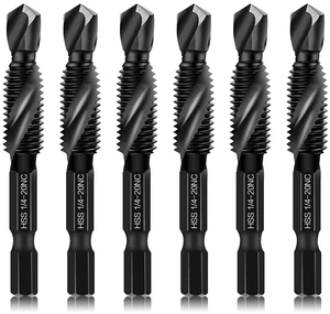 6-Piece 1/4-20NC Combination Drill Tap Bit Set SAE, Made of High-Speed Steel with Anti-Rust Blackened Coating, Ideal for Soft Metal, Wood & Plastic, 1/4 UNC-20 Thread Size, 1/4 Hex Shank 6-Piece 1/4-20NC Combination Drill Tap Bit Set SAE, Made of High-Speed Steel with Anti-Rust Blackened Coating, Ideal for Soft Metal, Wood & Plastic, 1/4 UNC-20 Thread Size, 1/4 Hex Shank