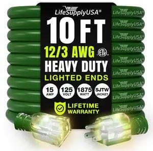 10ft Outdoor/Indoor Extension Cord 12/3 Gauge Extra Heavy Duty 3 Prong SJTW, Waterproof, ETL Listed, Flexible Cold-Resistant Long Power Cord,15A 125V 1875W, Green by LifeSupplyUSA 10ft Outdoor/Indoor Extension Cord 12/3 Gauge Extra Heavy Duty 3 Prong SJTW, Waterproof, ETL Listed, Flexible Cold-Resistant Long Power Cord,15A 125V 1875W, Green by LifeSupplyUSA