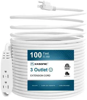 100-Feet 3 Outlet Extension Cord, ETL/UL Listed, 16/3 SJTW 3-Wire Grounded, 10 Amp 125 V 1625 Watts, Multi-Outlet Indoor/Outdoor Use, White 100-Feet 3 Outlet Extension Cord, ETL/UL Listed, 16/3 SJTW 3-Wire Grounded, 10 Amp 125 V 1625 Watts, Multi-Outlet Indoor/Outdoor Use, White