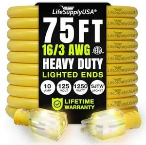 75ft Outdoor/Indoor Extension Cord 16/3 Gauge Heavy Duty 3 Prong SJTW, Waterproof, ETL Listed, Flexible Cold-Resistant Long Power Cord,10A 125V 1250W, Yellow by LifeSupplyUSA 75ft Outdoor/Indoor Extension Cord 16/3 Gauge Heavy Duty 3 Prong SJTW, Waterproof, ETL Listed, Flexible Cold-Resistant Long Power Cord,10A 125V 1250W, Yellow by LifeSupplyUSA