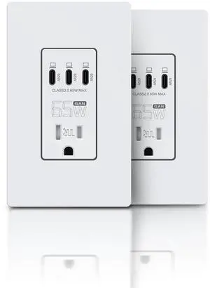 USB C Outlet, USB Power Socket with 65W Ultra Speed Charging, 15 Amp TR Receptacle, 3 Ports Fast in-Wall Charger Compatible with MacBook Laptop iPhone Samsung iPad, White, 2 Pack USB C Outlet, USB Power Socket with 65W Ultra Speed Charging, 15 Amp TR Receptacle, 3 Ports Fast in-Wall Charger Compatible with MacBook Laptop iPhone Samsung iPad, White, 2 Pack