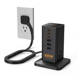 TESSAN 100W USB Charging Station for Multiple Devices 9-in-1 USB Charger | Desktop Accessories with 3 AC Outlet, 3 USB C, 3 USB A for iPhone 17/16/15, MacBook, Tablet, Home Drom Office, Black TESSAN 100W USB Charging Station for Multiple Devices 9-in-1 USB Charger | Desktop Accessories with 3 AC Outlet, 3 USB C, 3 USB A for iPhone 17/16/15, MacBook, Tablet, Home Drom Office, Black