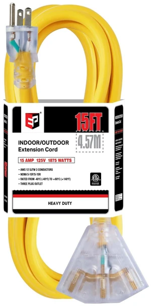 15 Ft Outdoor Extension Cord,12/3 SJTW,3 Electrical Power Outlets,Yellow | 12 Gauge Heavy Duty Lighted Power Cord 15A 125V 1875W,3 Outlet,WeatherproofETL Listed 15 Ft Outdoor Extension Cord,12/3 SJTW,3 Electrical Power Outlets,Yellow | 12 Gauge Heavy Duty Lighted Power Cord 15A 125V 1875W,3 Outlet,WeatherproofETL Listed