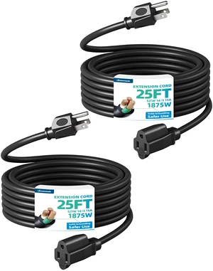 2Pack 25FT 15A Outdoor Extension Cord 14/3 SJTW Black, ETL Listed 3 Prong, Heavy Duty, Waterproof Power Cord for Indoor/Outdoor Appliances, Yard Devices, Home Owners, Gardeners 2Pack 25FT 15A Outdoor Extension Cord 14/3 SJTW Black, ETL Listed 3 Prong, Heavy Duty, Waterproof Power Cord for Indoor/Outdoor Appliances, Yard Devices, Home Owners, Gardeners