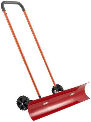 38-inch Snow Pusher Shovel with Wheels, Bi-Directional Heavy Duty Wheeled Push Snow Shovel for Driveway and Sidewalks with Angeled Blade