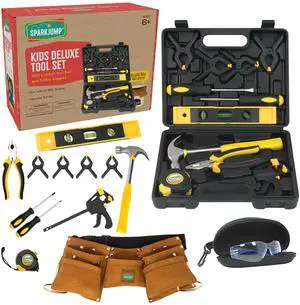 Deluxe Kids Tool Set, Real Tools with Leather Tool Belt & Tool Box, Beginner Tool Kit for Boys & Girls Ages 4-6 & Up, Brown Ultimate Tool Set