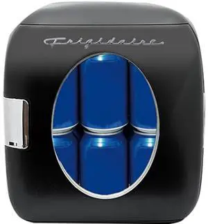 Retro Mini Personal Fridge Cooler, Holds 9L or 12 Cans, Portable for Car, Office, Bedroom, Dorm Room, or Cabin, Features Plugs for Home Outlet & 12V Car Charger - 10"D x 7"W x 10.5"H,Black