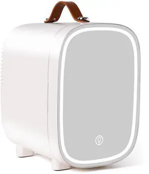 Mini Fridge for Bedroom, 4 Liter/6 Can Skincare Fridge With LED Mirror,12v AC/DC Cooler & Warmer Portable Small Refrigerator for Drinks, Makeup, Dorm, Office and Car(White)