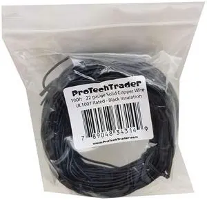 100ft 22 AWG Solid Copper Wire - UL1007 Rated with Black PVC Insulation - TINNED