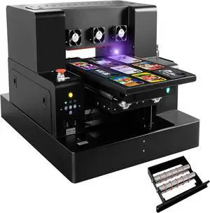 SIHAO UV Printer, A4 XP600 UV DTF Printer, 5760 * 1440dpi Precision UV Flatbed Printers Machine with Vacuum Platform & Bottle Holder for Bottles Stickers Acrylic Phone Cases Leather Metal Glass