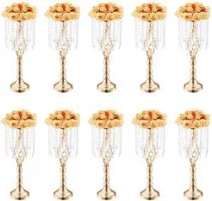 SIHAO 10PCS Tall Crystal Gold Centerpiece Vase Stand, 21.65" Tall Flower Centerpiece Candle Stand Wedding Party Table Decorations
