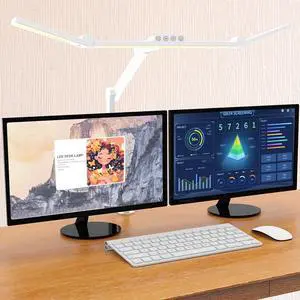 Led Desk Lamp for Home Office, White Architect Desk Lamp with Clamp for Crafting, 24W Bright Rotatable Led Table Light Stepless Dimming Tempering Wide Computer Light with Atmosphere Lighting