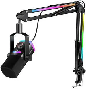 Gaming Microphone Kit, XLR/USB Dynamic PC Microphone with Boom Arm for Podcast Recording, RGB Streaming Mic Set, Tap-to-Mute, Mix Control, Headphone Jack-AmpliGame AM8PROT