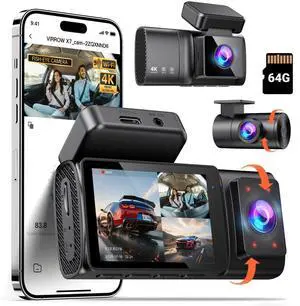 Dash Cam Front Rear and Inside: 3 Channel 4K Dash Camera with 5GHz WiFi IR Night Vision - WDR Car Camera with Free 64GB Card - APP Control Dashcam with 24H Parking Mode G-Sensor Loop Recording(X7)