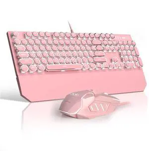Retro Pink Typewriter-Style Keyboard and Mouse Combo, Cute Light Up Wired Mechanical Keyboard with Linear Red Switches, Full Size for Gaming, Work, Mac, PC, Windows