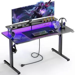 55 Inch Gaming Desk with LED Lights & Power Outlet, Computer Gamer Desk with Monitor Stand, Ergonomic Carbon Fiber Gaming Table Home Office Desk with Headphone Hook & Mouse Pad 55 Inch Gaming Desk with LED Lights & Power Outlet, Computer Gamer Desk with Monitor Stand, Ergonomic Carbon Fiber Gaming Table Home Office Desk with Headphone Hook & Mouse Pad